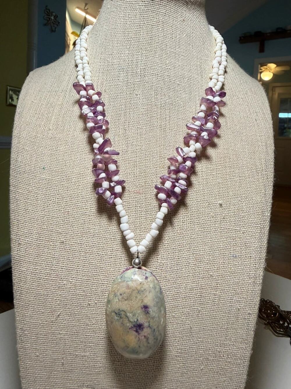 Y2K Ruby in Feldspar Pendant Necklace Purple White Beaded Boho Statement 16โ